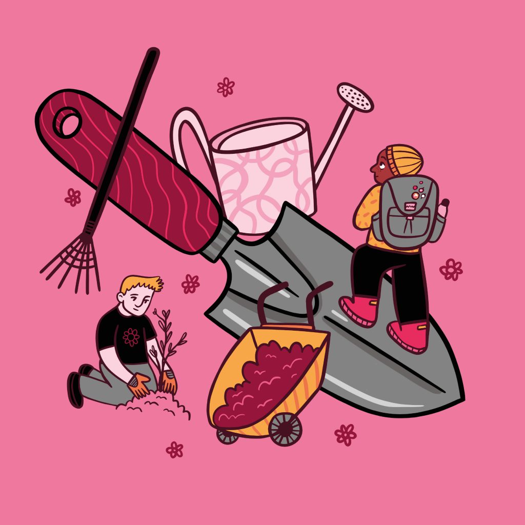 Illustration on a pink background, showing people hiking and planting a tree, with a trowel, rake, watering can and wheelbarrow behind.