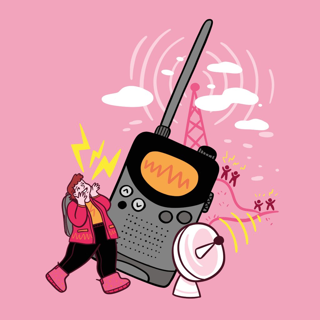 Illustration on a pink background, showing a person shouting with a radio and transmitters behind.