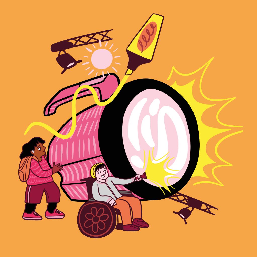 Illustration on an orange background, showing two people with torches, lamps and a yellow highlighter.