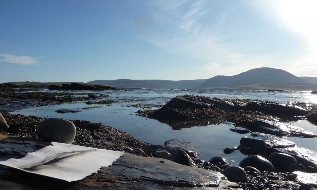 Photograph of an ink sketch, placed on a large, flat shelf of rock overlooking the sea at Warebeth, Orkney. It is a beautiful day, and the sun glints off the sea, rocks, seaweed and distant hills.