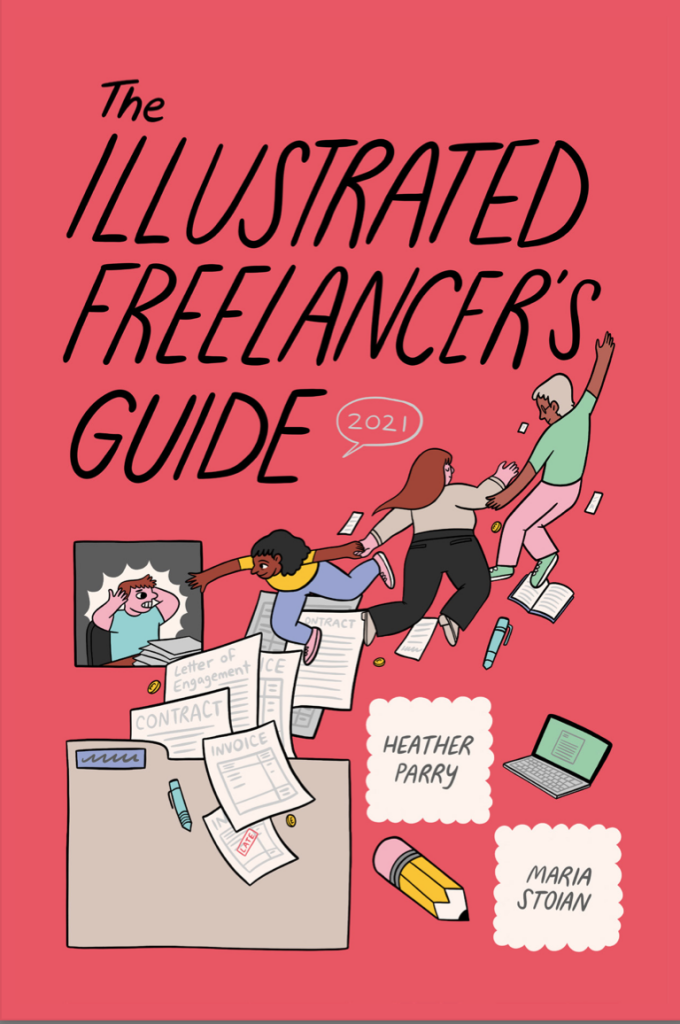 The cover of the guide, with a pink background, the title, and an illustration of people holding arms whilst surrounded by paperwork.