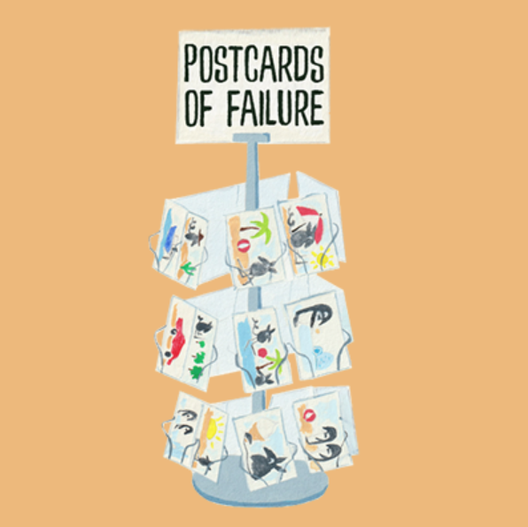An illustration of a revolving postcard holder, with a sign on top that reads 'Postcards of Failure'