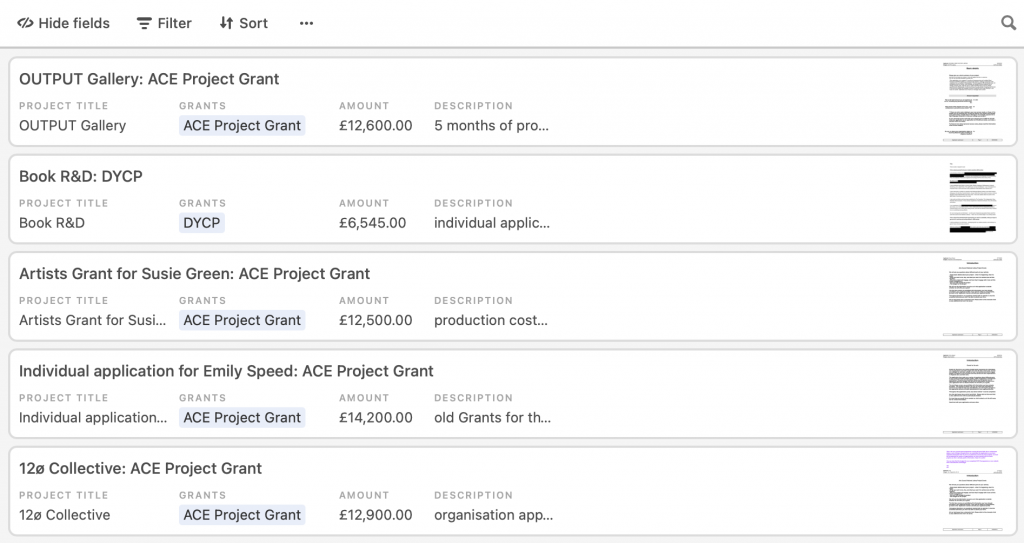 A screengrab of the library resource, showing a list of funding applications and the amount they applied for.