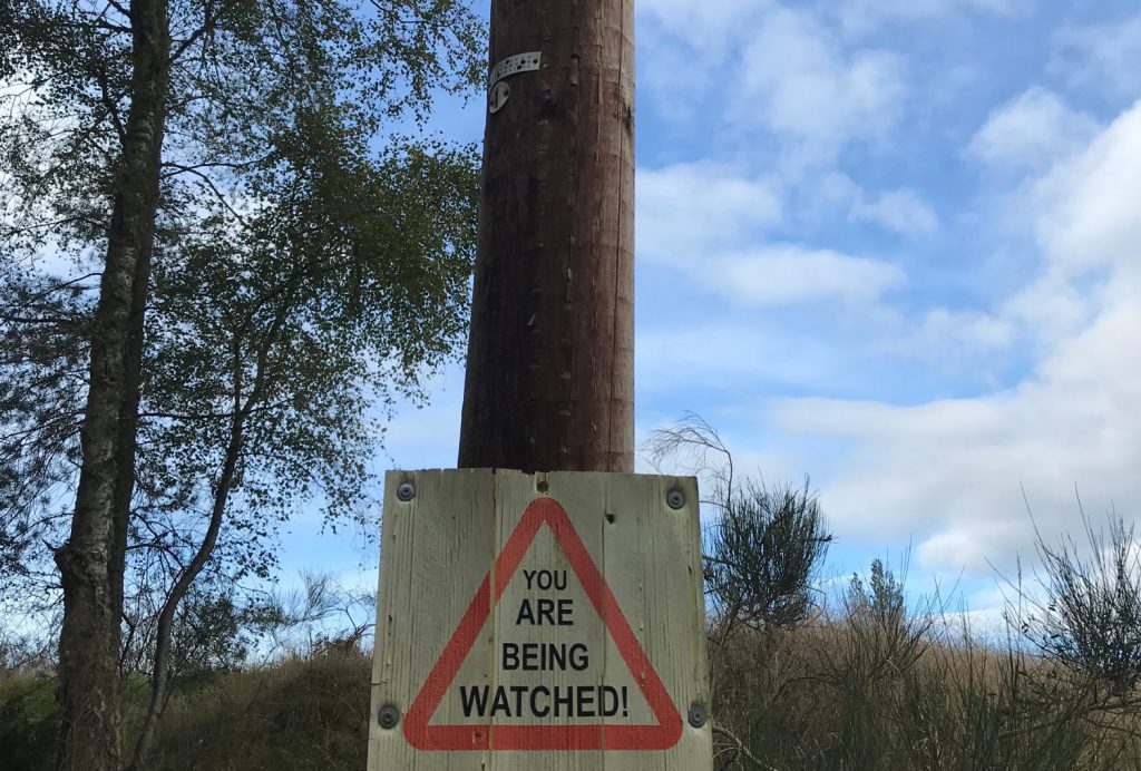 Photograph of a wooden electricity pole, seemingly in a forest, affixed with a warning sign. The black text on the sign reads: "You are being watched."