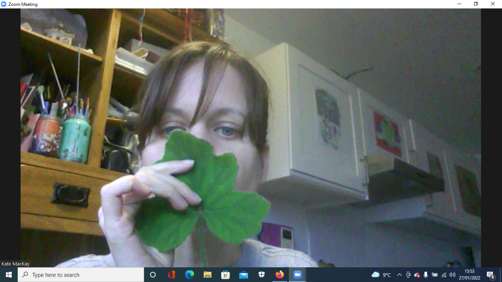 A screenshot of the artist Kate MacKay in a zoom meeting. Kate holds a bright green geranium leaf up to her nose, as if smelling it.