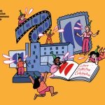 An illustration on a yellow background, showing people showing off films, books and performances about Culture Collective.